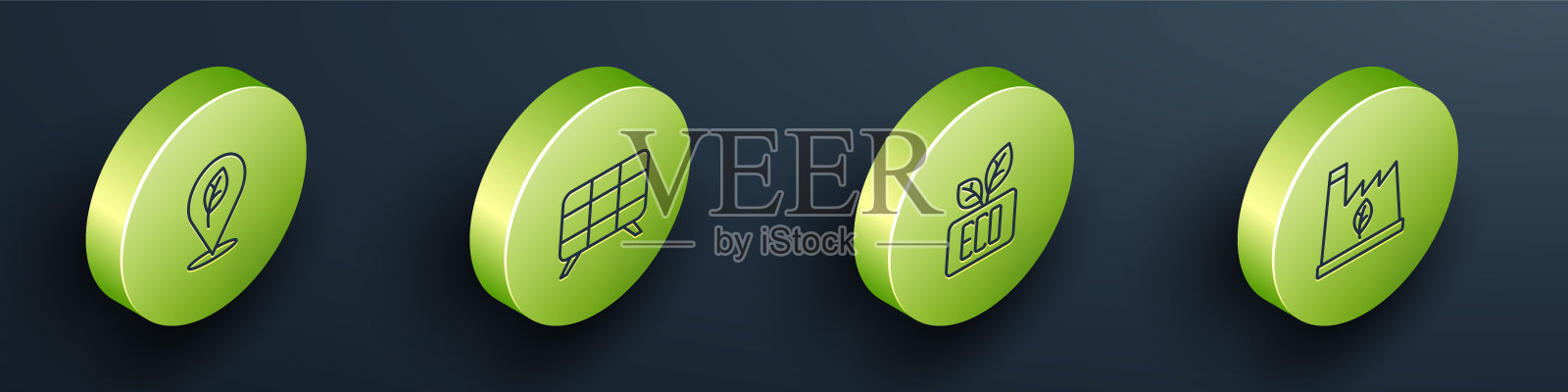 设置等距线位置与叶片，太阳能板，叶片生态符号和植物回收垃圾图标。向量插画图片素材