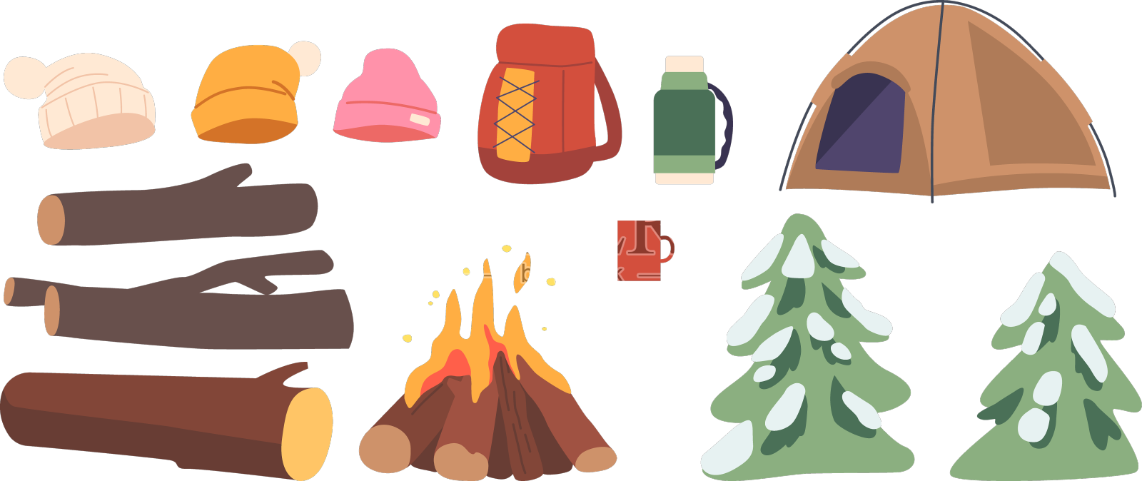 冬季露营物品，篝火和设计元素图片