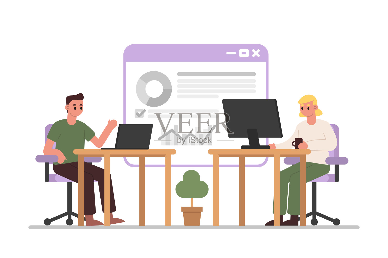 女人在电脑上工作，男人看着笔记本电脑，做演示和图表插画图片素材