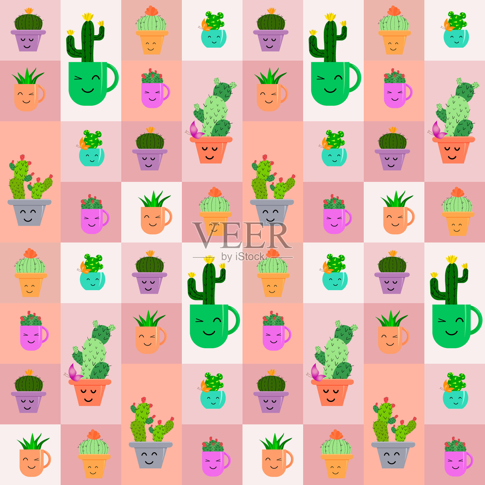 花盆和马克杯里可爱的仙人掌。颜色块。几何正方形的无缝图案。矢量插图。插画图片素材