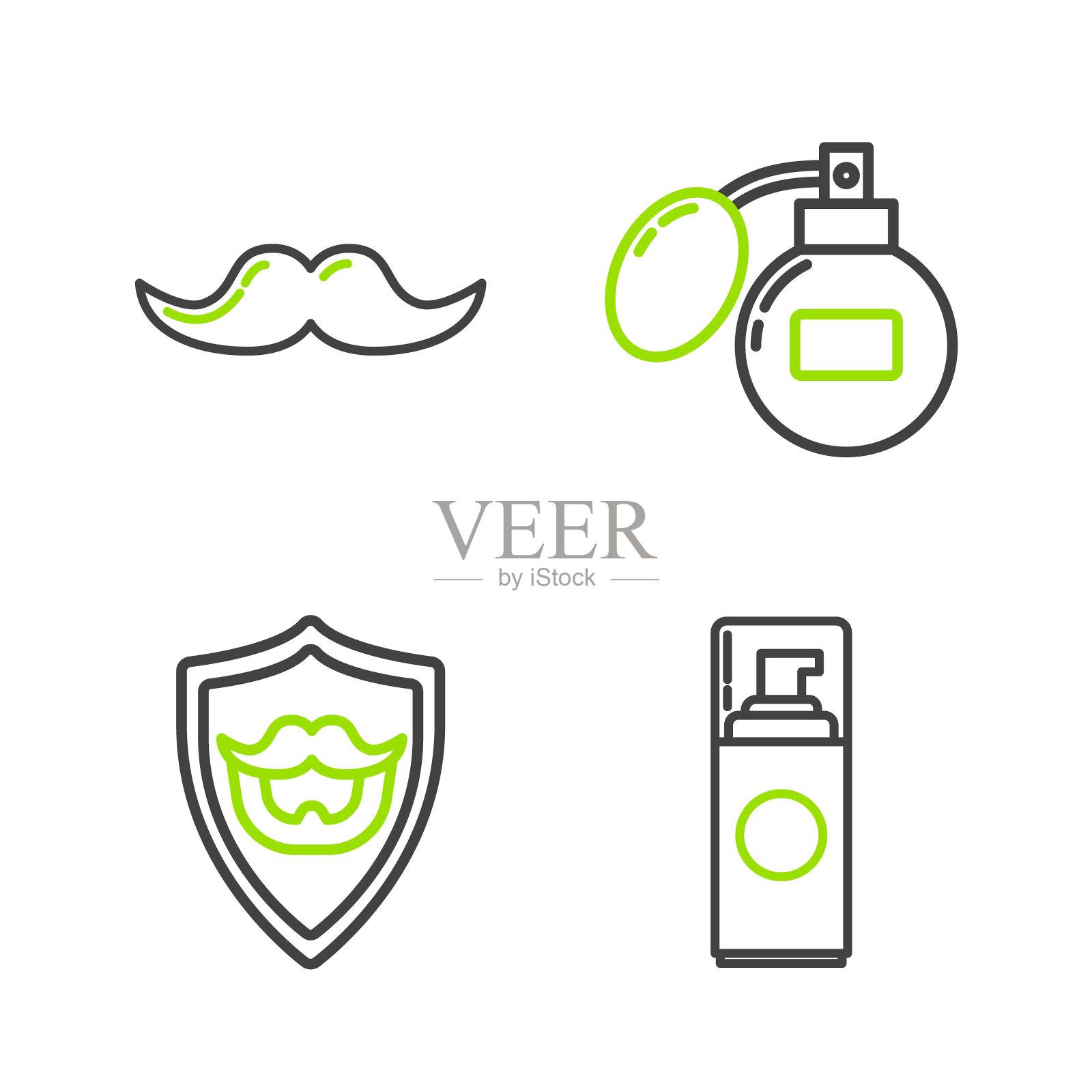 设置线剃须啫喱泡沫，胡子和胡须的盾牌，须后水和图标。向量插画图片素材