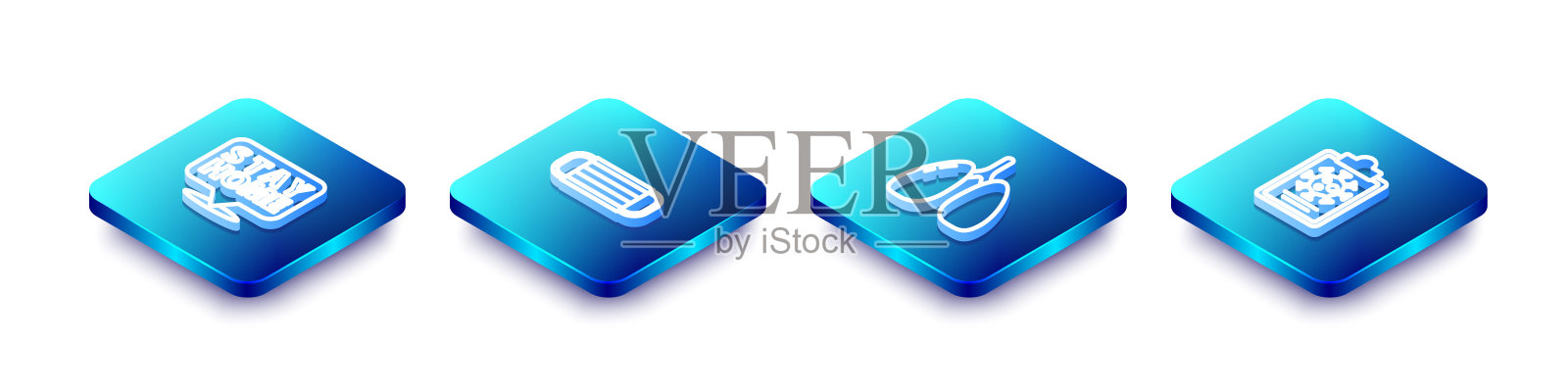 设置等距线呆在家里，医疗防护口罩，肺和剪贴板与血液测试结果图标。向量插画图片素材