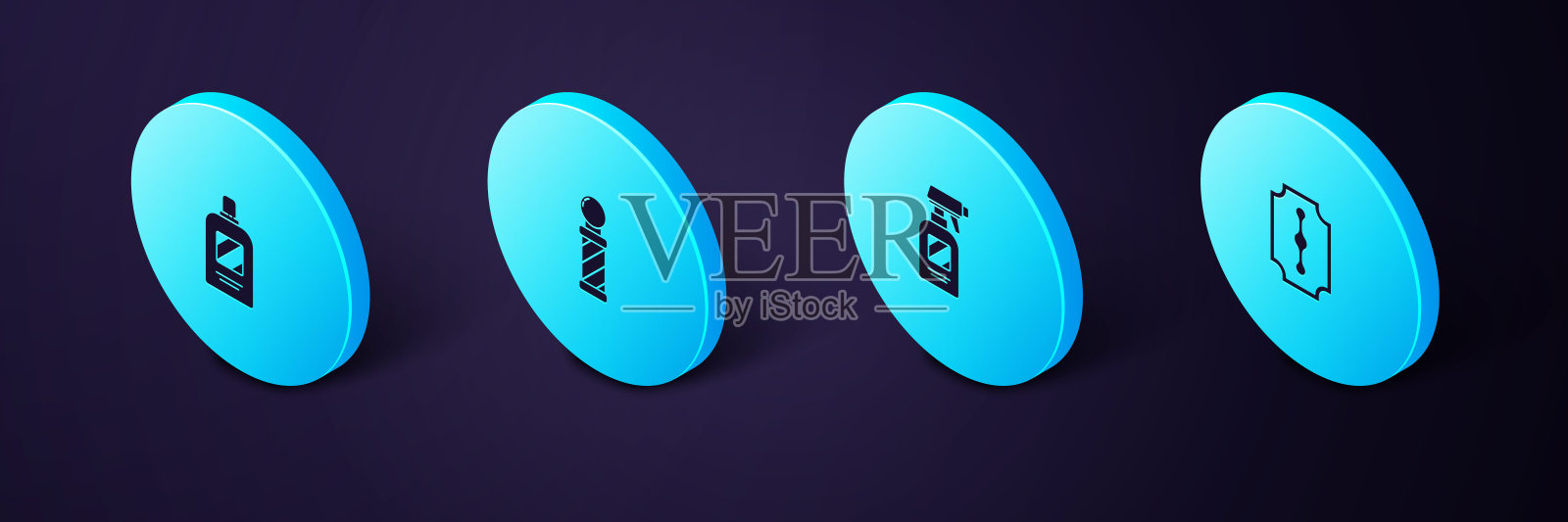 集等距刀片剃须刀，理发师手枪喷雾瓶，经典理发店杆和瓶洗发水图标。向量插画图片素材