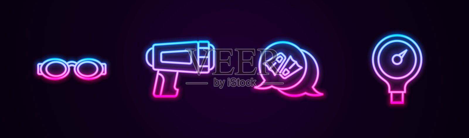 设置线眼镜游泳，手电筒潜水员，脚蹼和压力表。发光的霓虹灯图标。向量插画图片素材