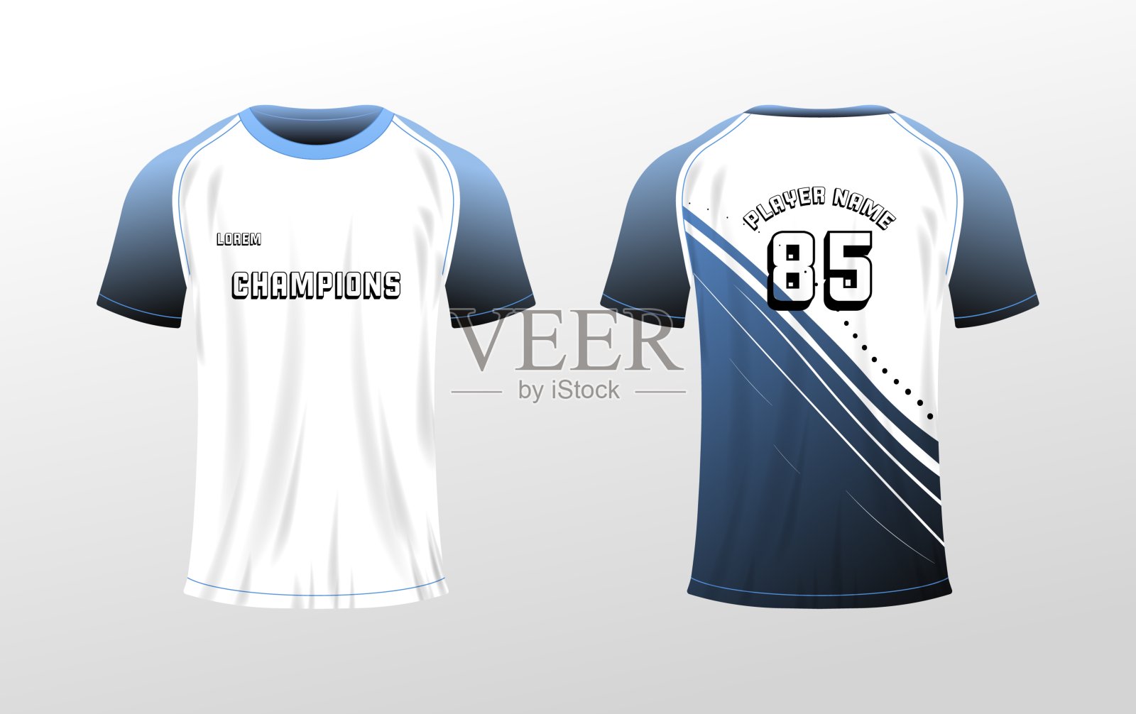 运动t恤模型。平面，彩色，t恤模板前后视图，球员姓名模型，85号，运动t恤模型。矢量图标插画图片素材