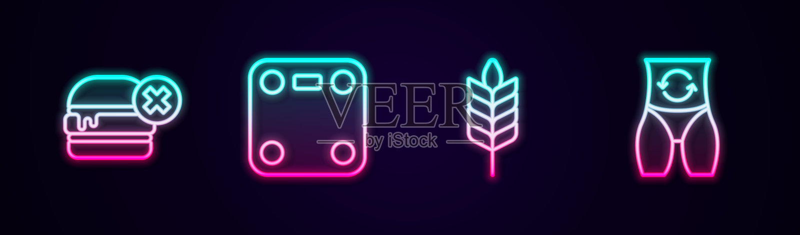 不要汉堡，浴室秤，小麦和新陈代谢。发光的霓虹灯图标。向量插画图片素材