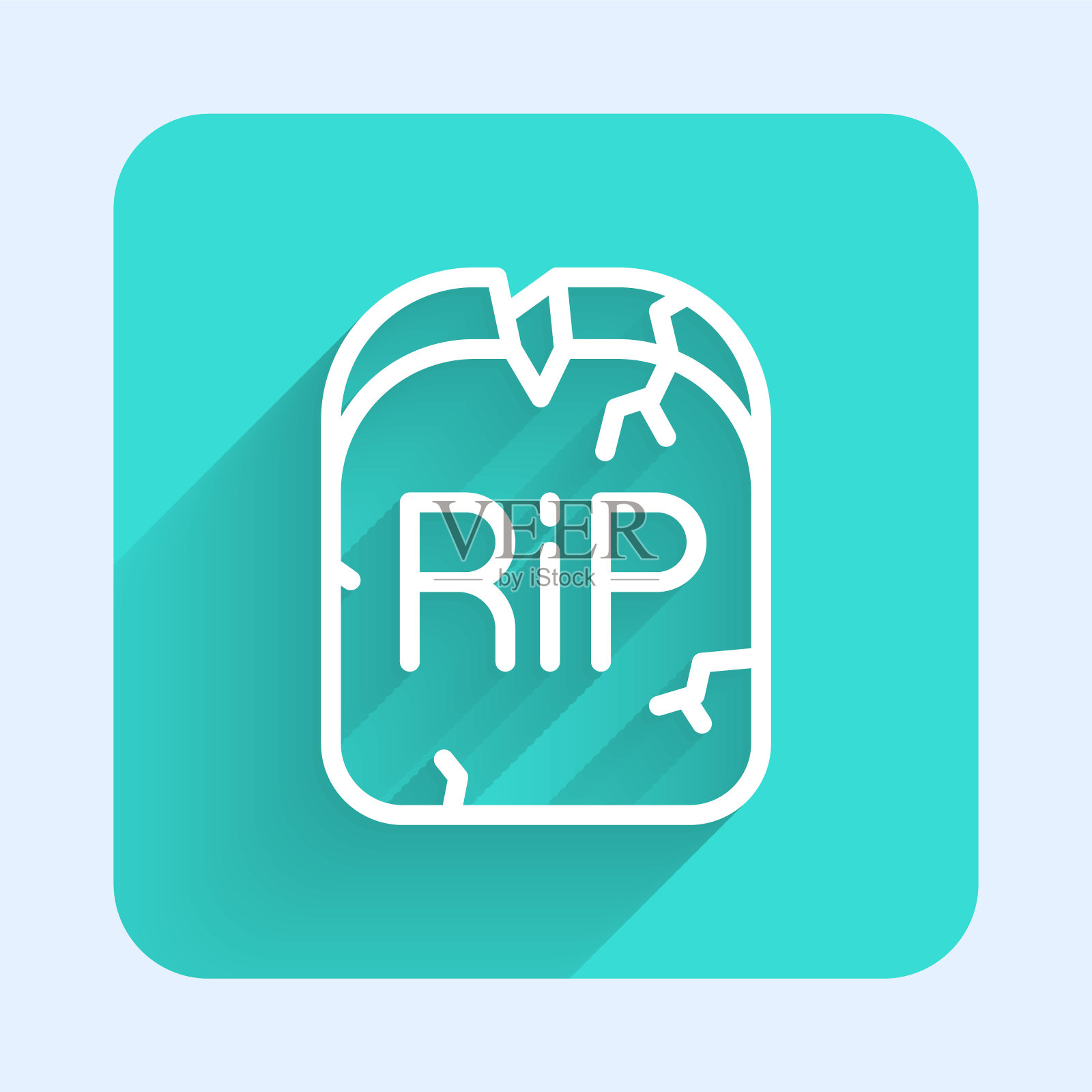 白线墓碑与RIP写在它的图标隔离与长阴影。严重的图标。万圣节派对快乐。绿色方形按钮。向量插画图片素材