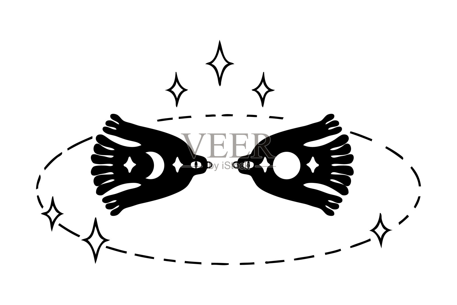 在太空中涂鸦单色的飞月鸟。魔术打印t恤，贴纸，卡片，海报。孤立的矢量插图装饰和设计。插画图片素材