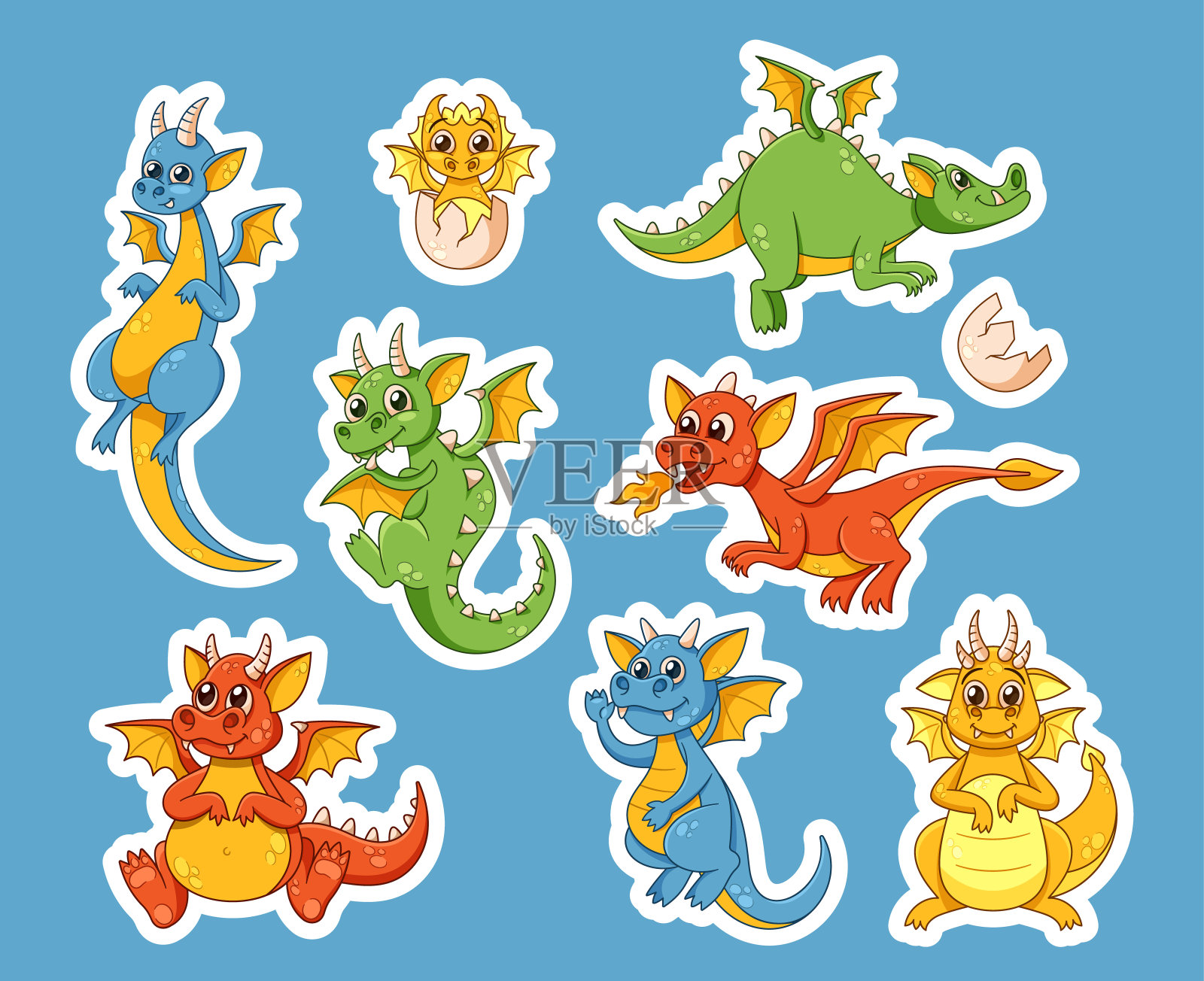 一套贴纸可爱的卡通龙与充满活力的尺度和俏皮的表情。异想天开的有翼人物插画图片素材