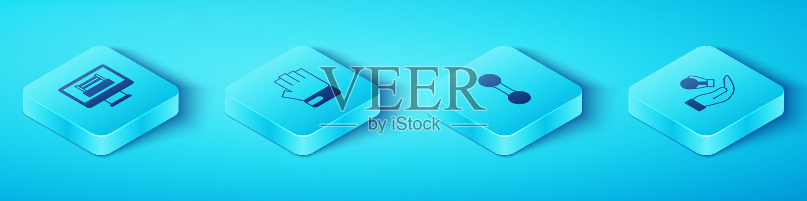 设置等距拳击环，MMA手套和哑铃图标。向量插画图片素材