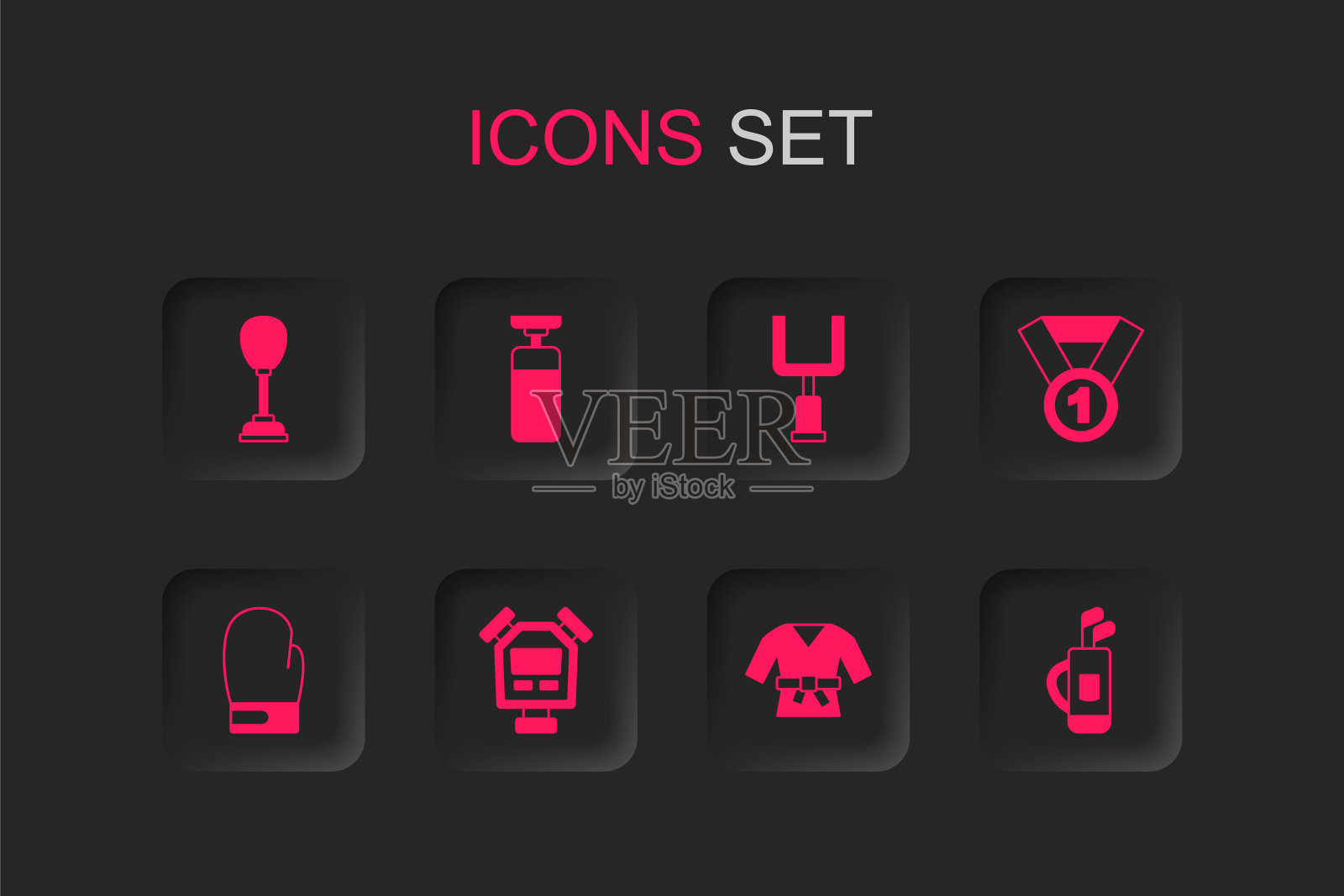 集秒表，沙袋，和服，奖牌，高尔夫与俱乐部，美式足球门柱和拳击手套图标。向量插画图片素材