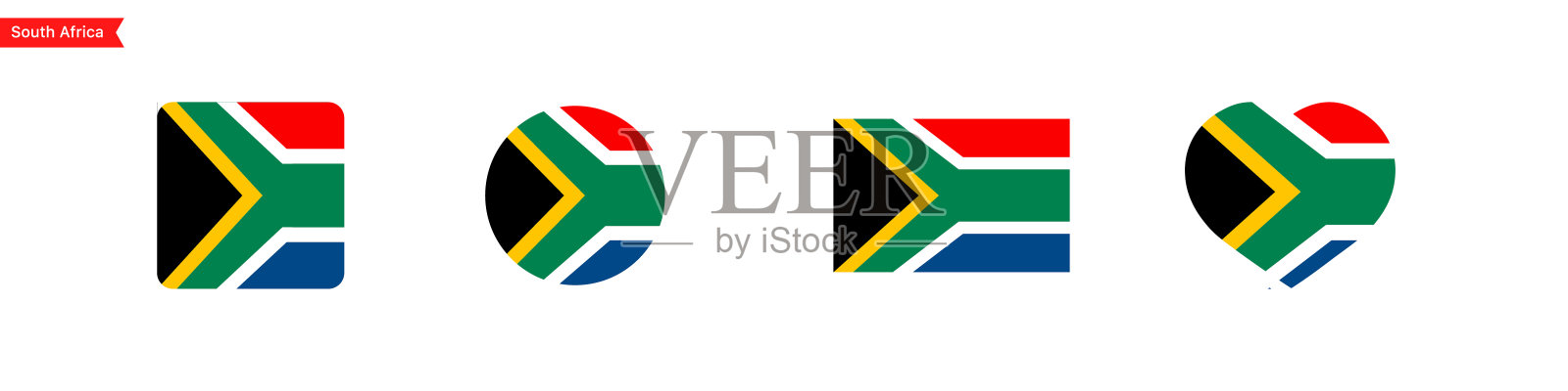 南非国旗。南非国旗图标的语言选择。南非国旗呈方形、圆形、心形。矢量图标插画图片素材