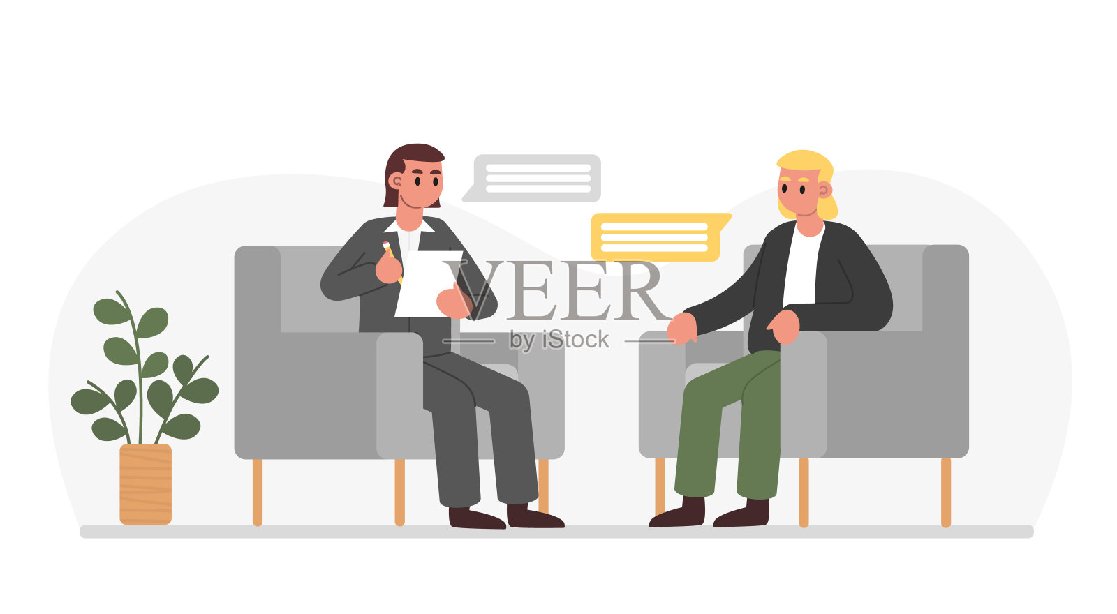 女人坐在男人对面，问问题。对话，集体对话插画图片素材