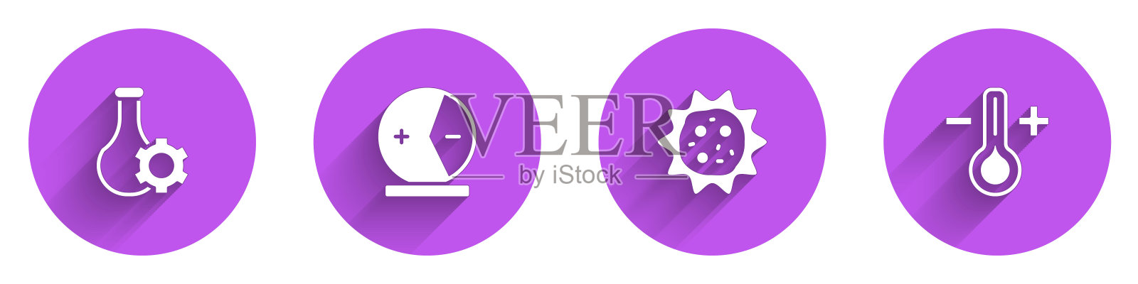 设置试管，原子，病毒和温度计图标长阴影。向量插画图片素材