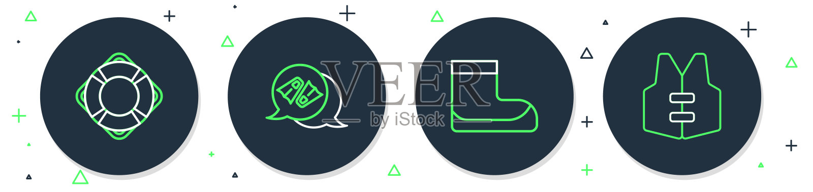 设置线鳍游泳，靴子，救生圈和夹克图标。向量插画图片素材