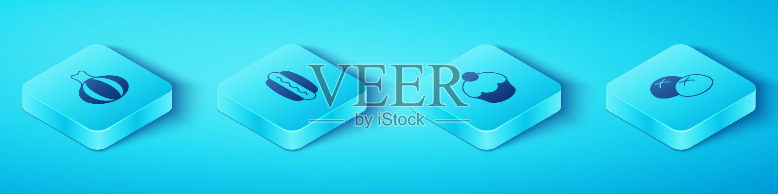 设置等距洋葱，热狗，面包和松饼图标。向量插画图片素材