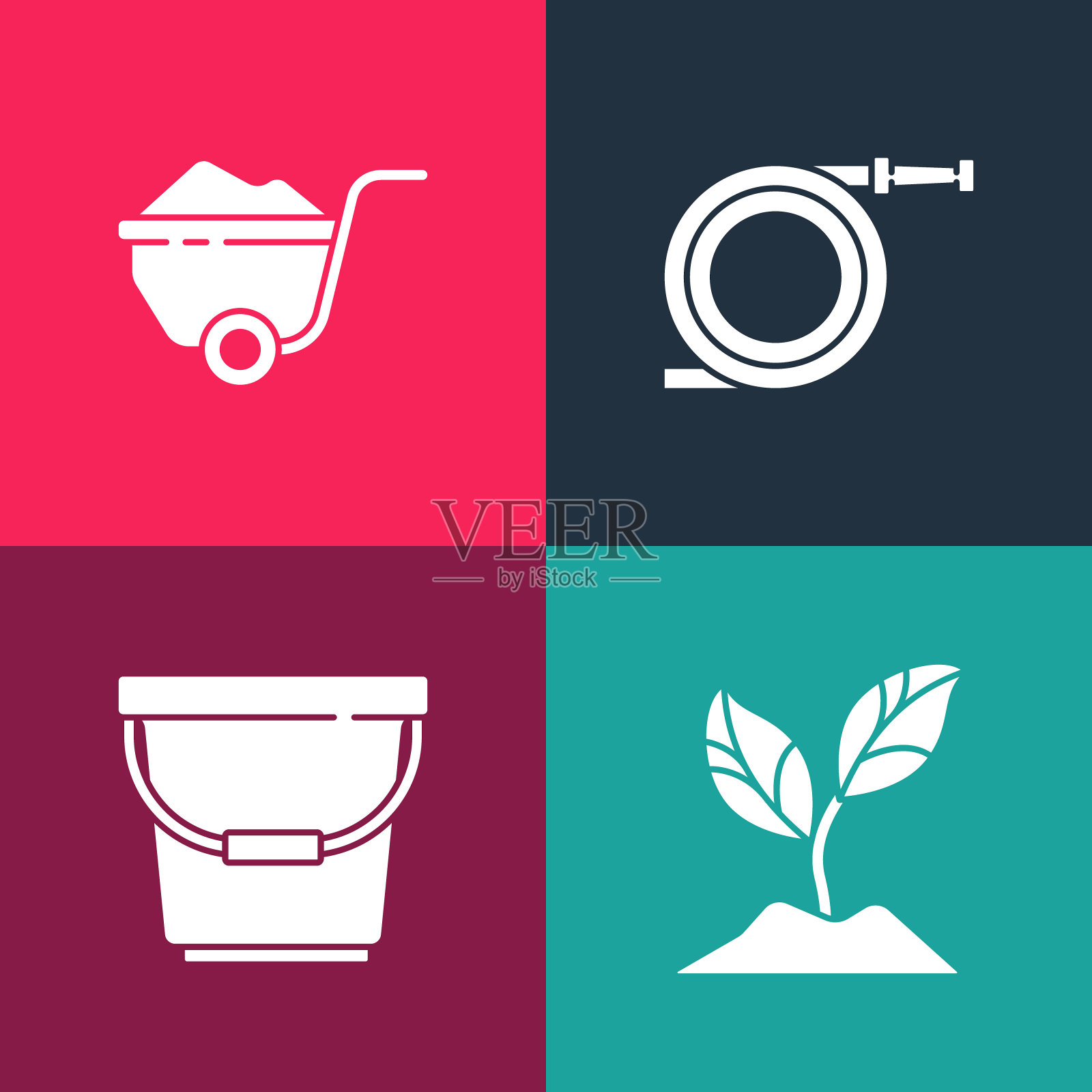 设置波普艺术植物，水桶，花园软管或消防软管和手推车与污垢图标。向量插画图片素材