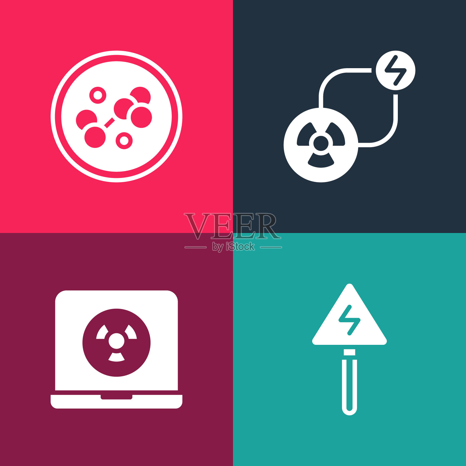 设置波普艺术高压标志，核笔记本电脑，放射性交换能量和分子图标。向量插画图片素材