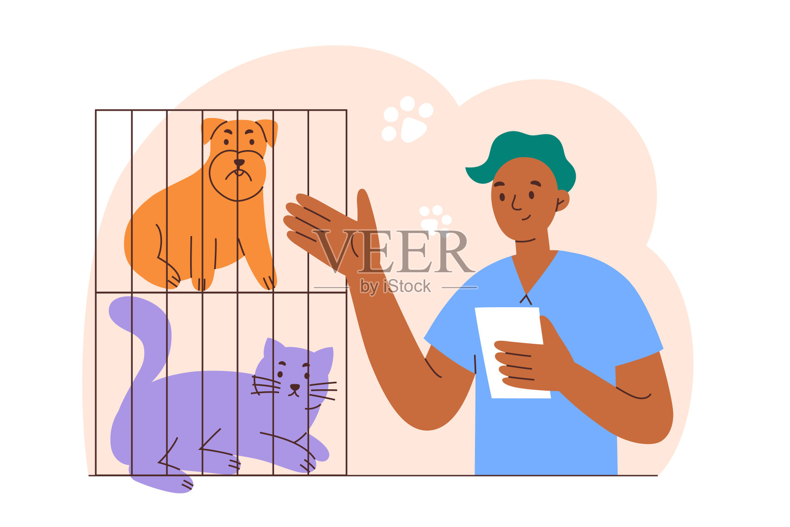 宠物收容所手绘组成，无家可归的动物收养概念，兽医诊所矢量插图，男性兽医与可爱的猫和狗在笼子里插画图片素材
