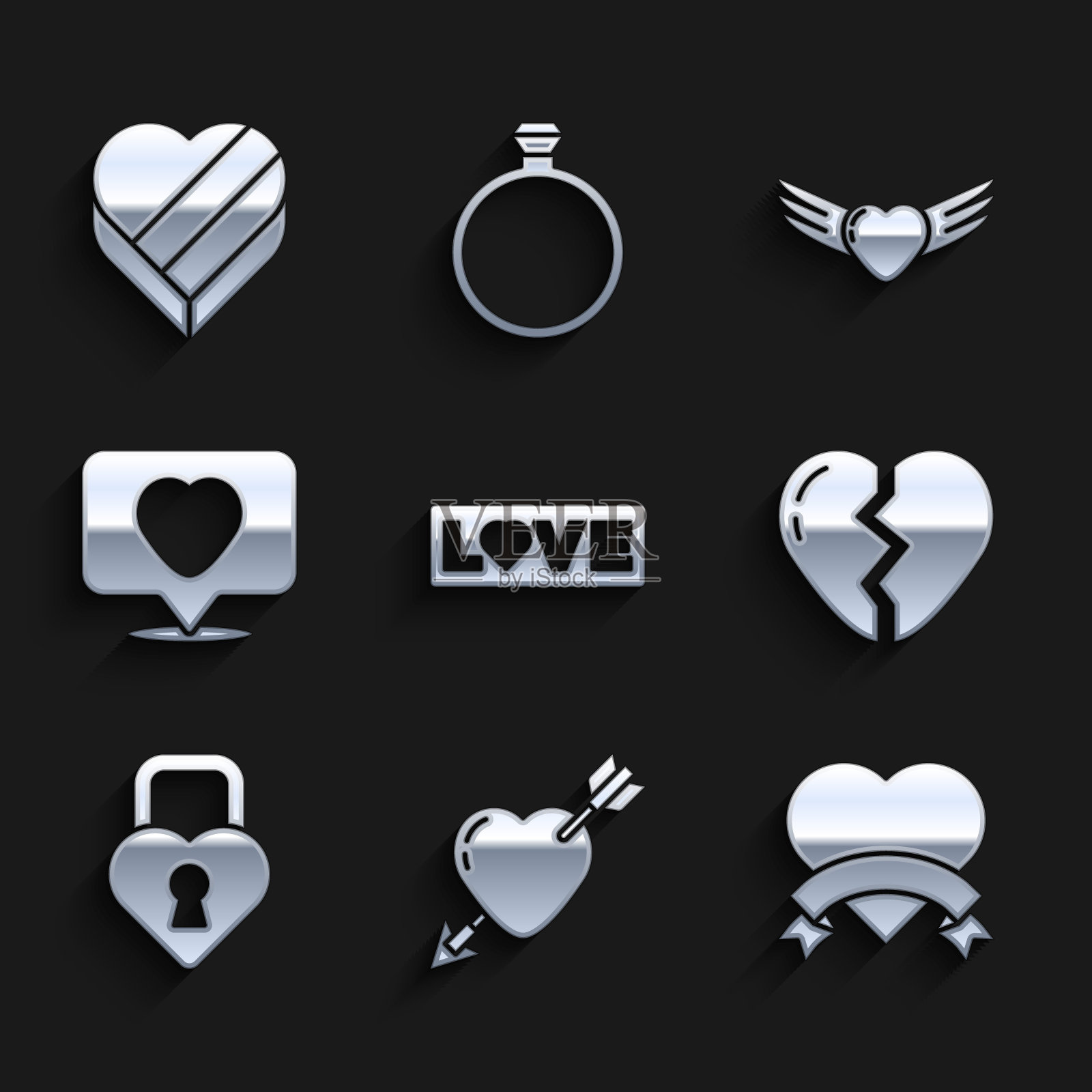 集爱的文字，爱情与心和箭，心，破碎，城堡的形状，喜欢，翅膀和糖果形状的盒子图标。向量插画图片素材