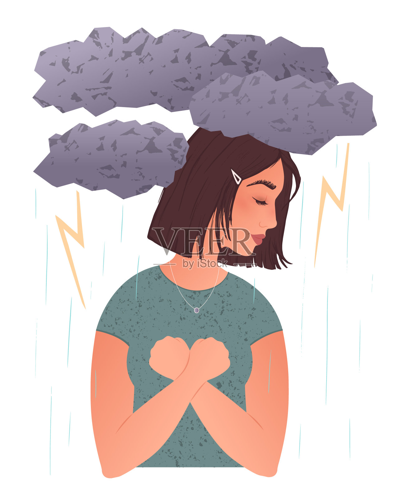 一个年轻女子双手交叉在胸前握拳。乌云笼罩着它，下着雨，电闪雷鸣。压力，恐惧，孤独的概念。手绘现代平面插图。插画图片素材