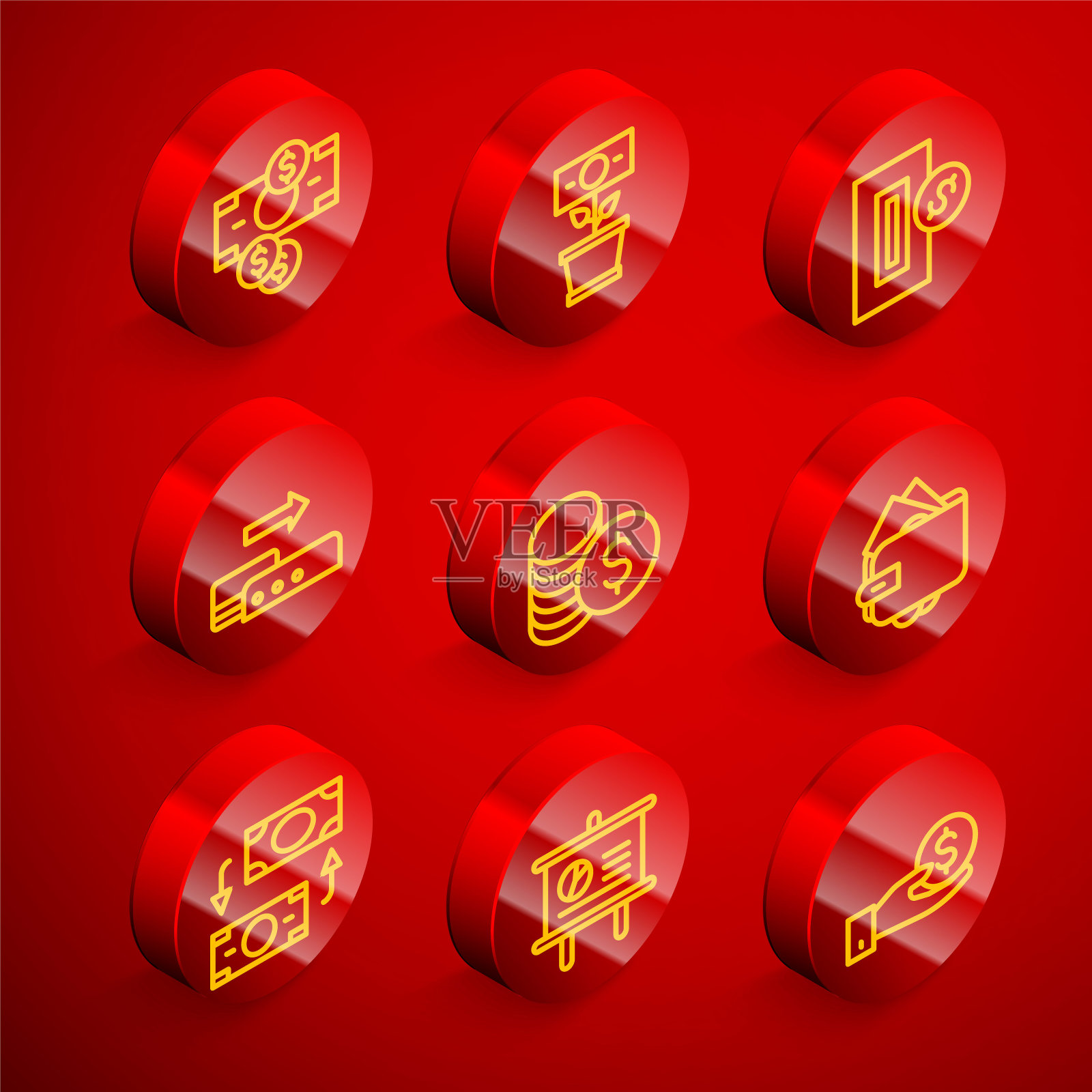 设置线堆栈纸币现金，货币植物在锅，插入硬币，Pos终端，硬币与美元，钱包，交换和黑板图表图标。向量插画图片素材