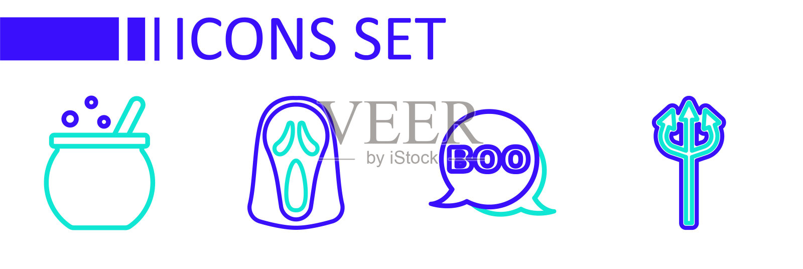 集线三叉戟魔鬼，Boo演讲泡沫，有趣和可怕的幽灵面具和万圣节女巫大锅图标。向量插画图片素材