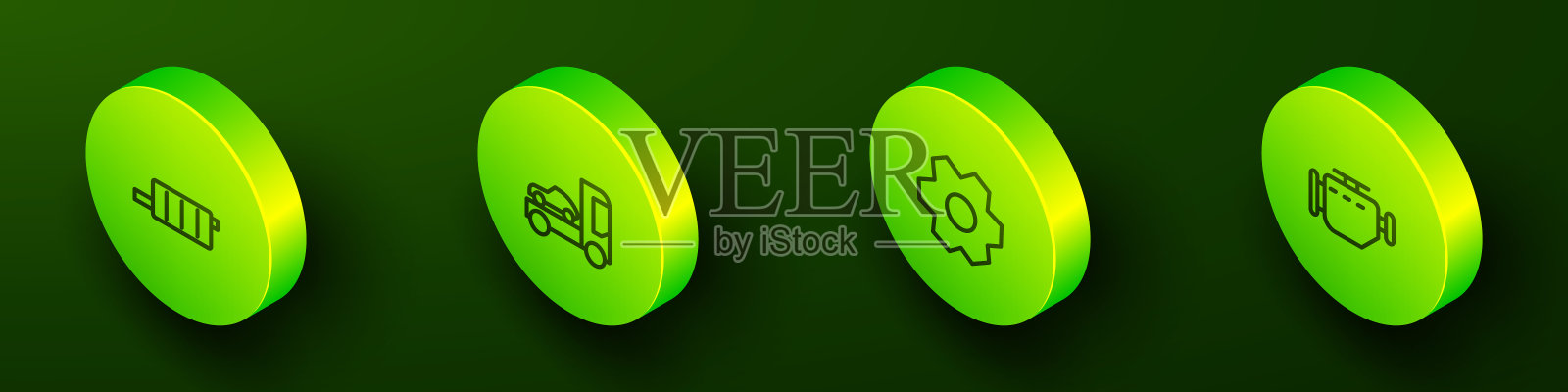 设置等距线汽车消声器，运输卡车，齿轮和检查发动机图标。向量插画图片素材