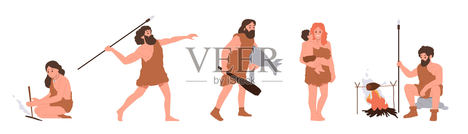 孤立的设置石器时代的卡通人物狩猎，烹饪，使火在白色背景插画图片素材