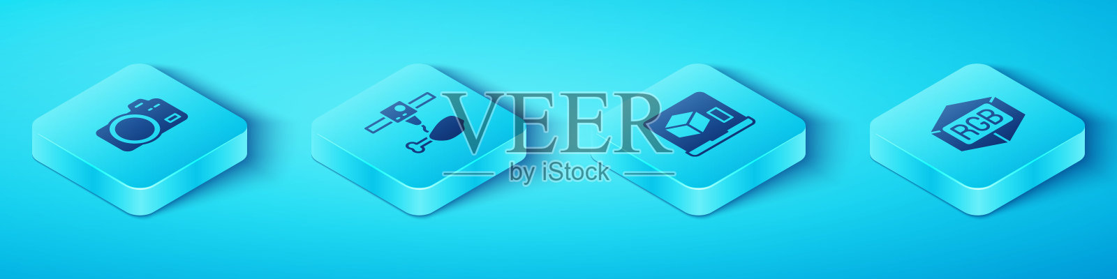 集等距相机，3D打印鸡腿，RGB和CMYK混色和图标。向量插画图片素材