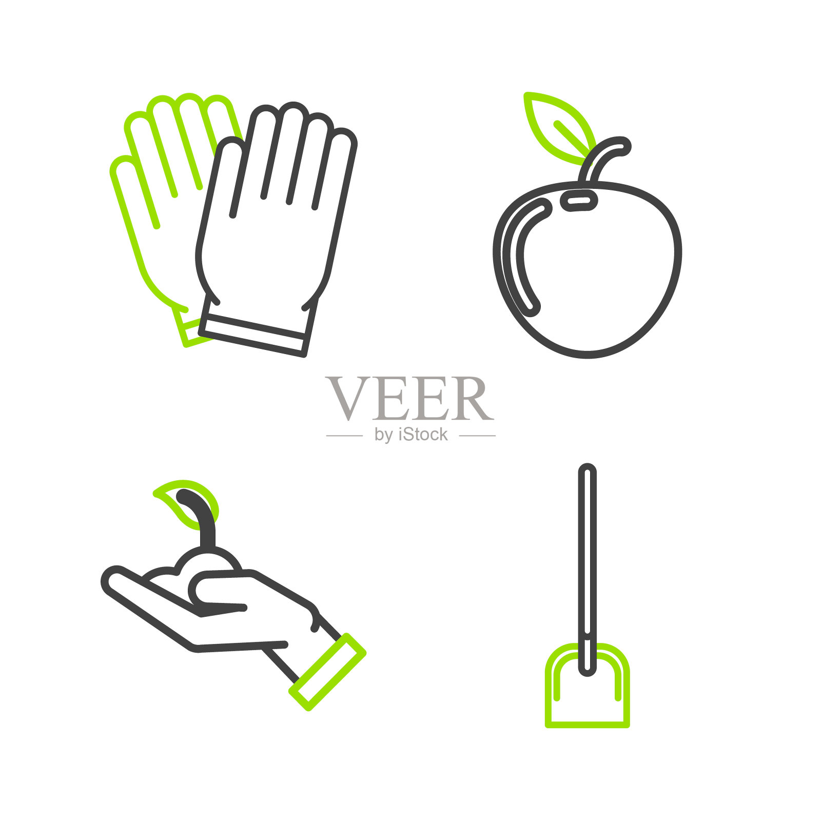 设置线铲，萌芽在手中的环保，苹果和花园手套图标。向量插画图片素材