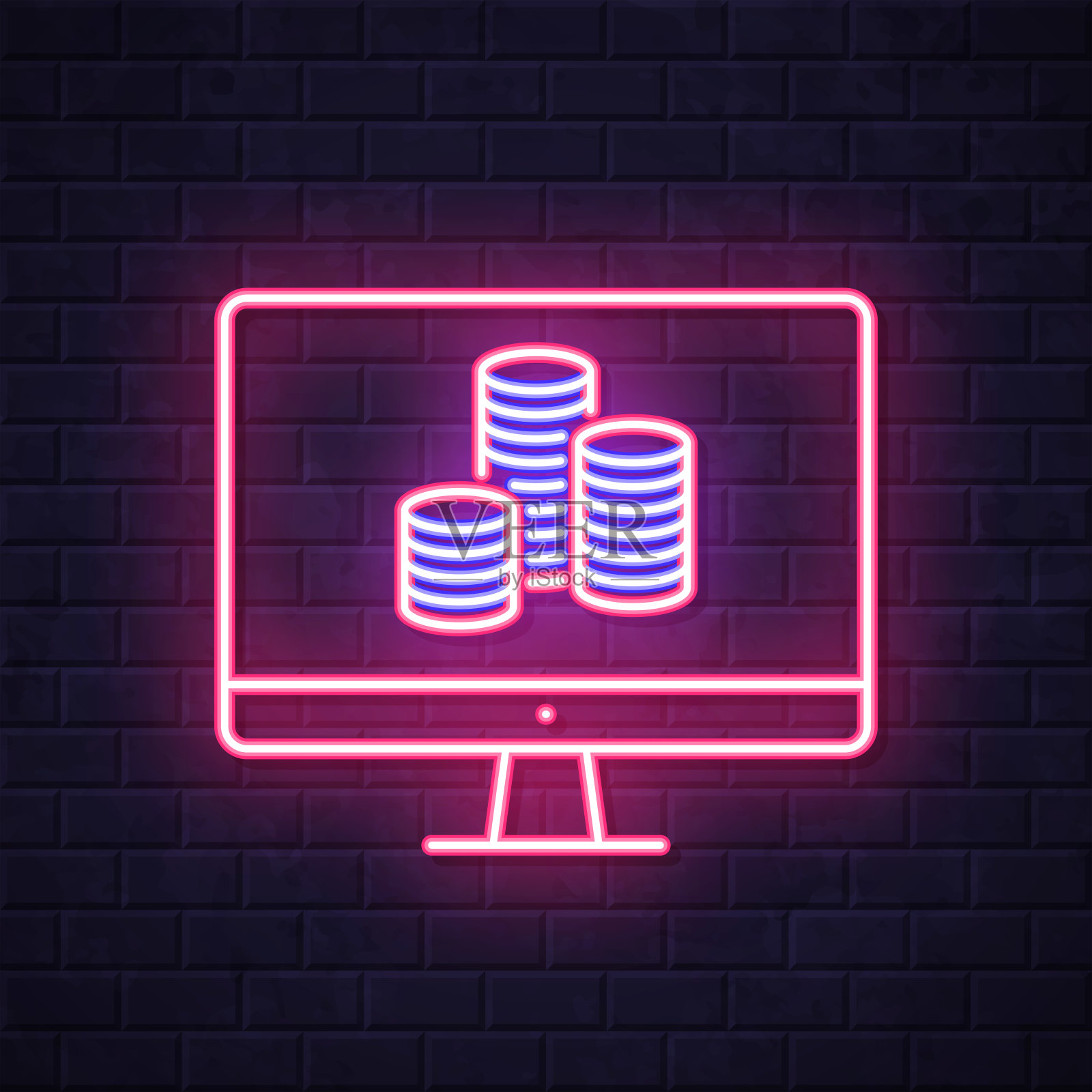 装有一堆硬币的台式电脑。在砖墙背景上发光的霓虹灯图标插画图片素材