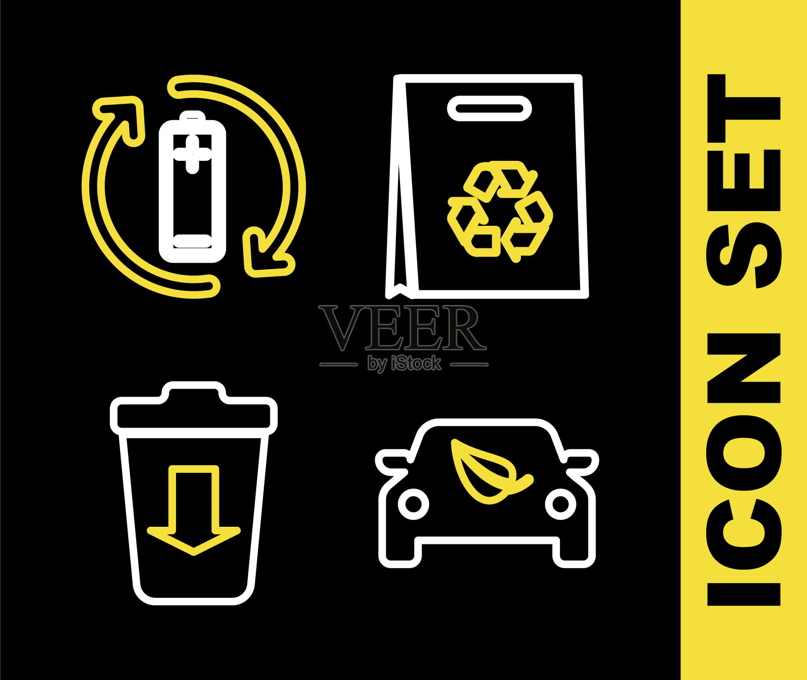 设置购物袋与回收，环保汽车驱动叶片，发送到垃圾桶和电池图标。向量插画图片素材