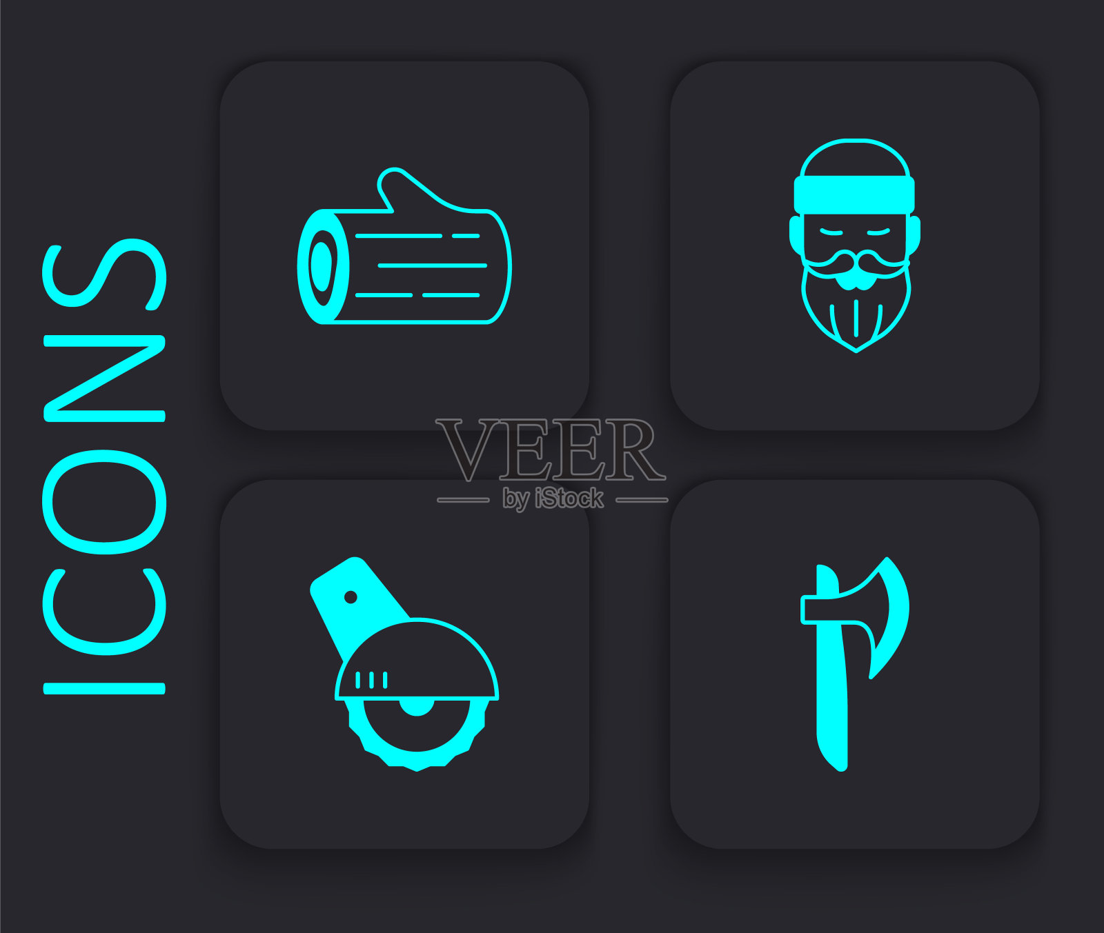 集木斧，原木，伐木工人和电动圆锯图标。黑色方形按钮。向量插画图片素材