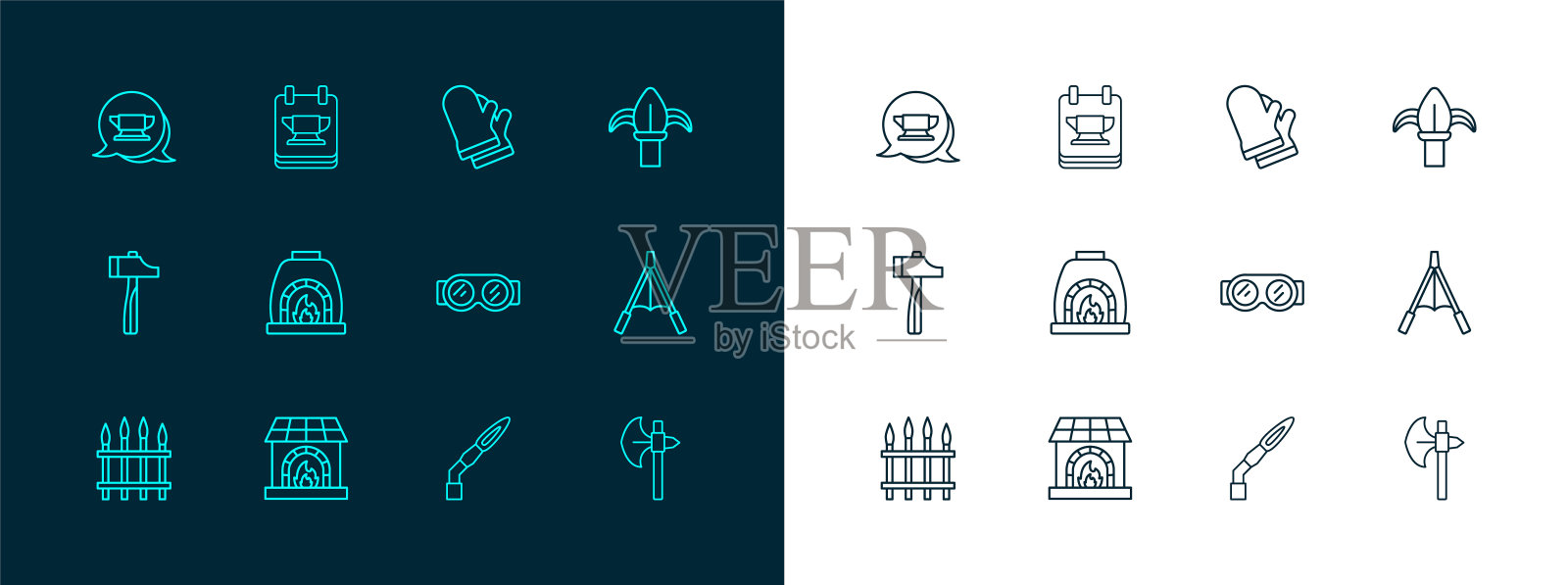 集线经典铁栅栏，铁匠烤箱，焊接眼镜，火炬，防护手套，铁砧工具和图标。向量插画图片素材
