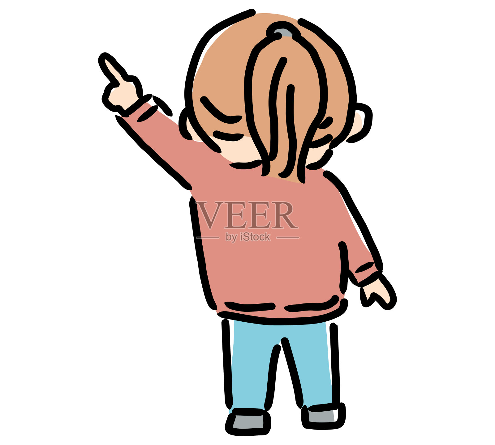 一个女孩指着并解释的后视图插画图片素材