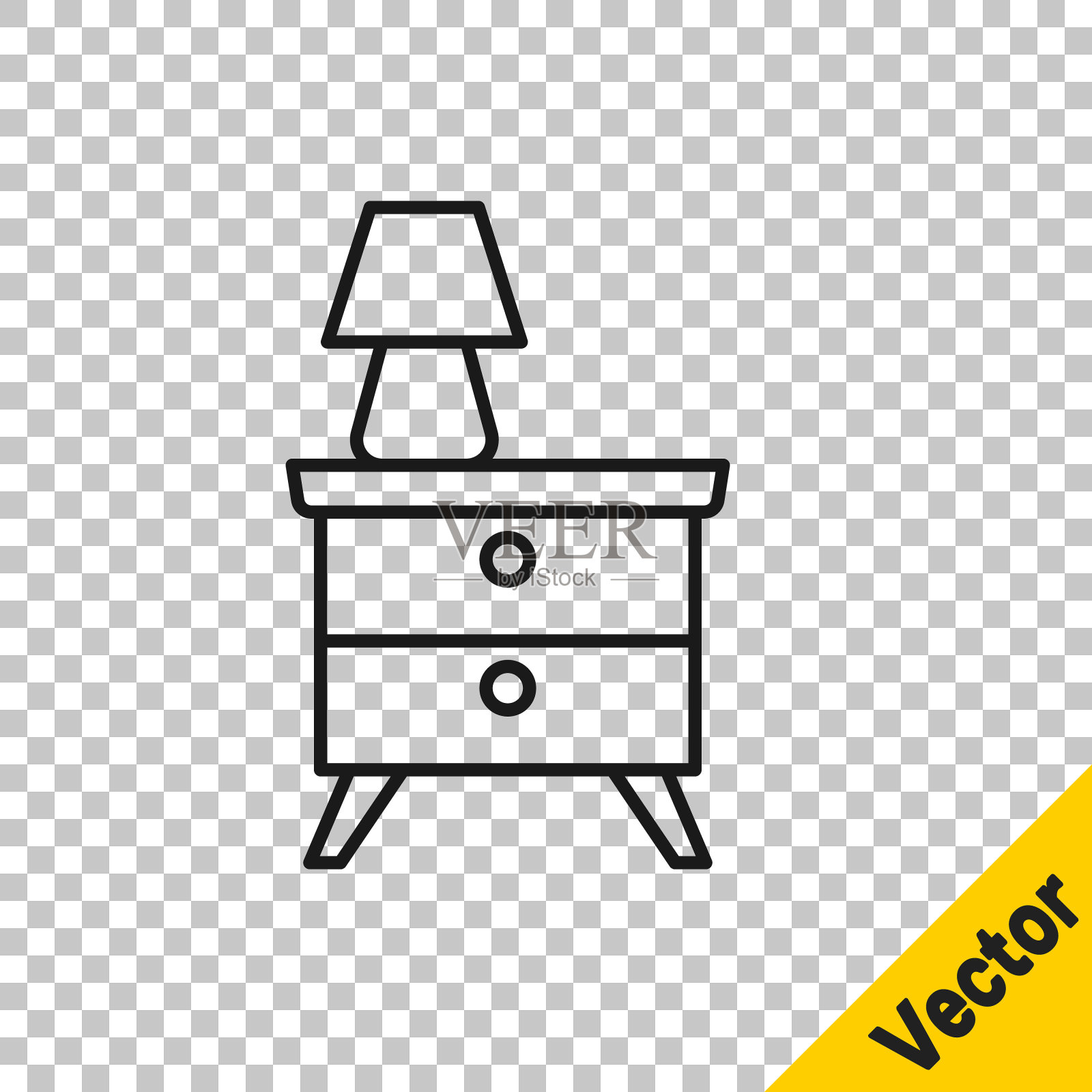 黑色线条家具床头柜与灯图标隔离在透明的背景。向量插画图片素材