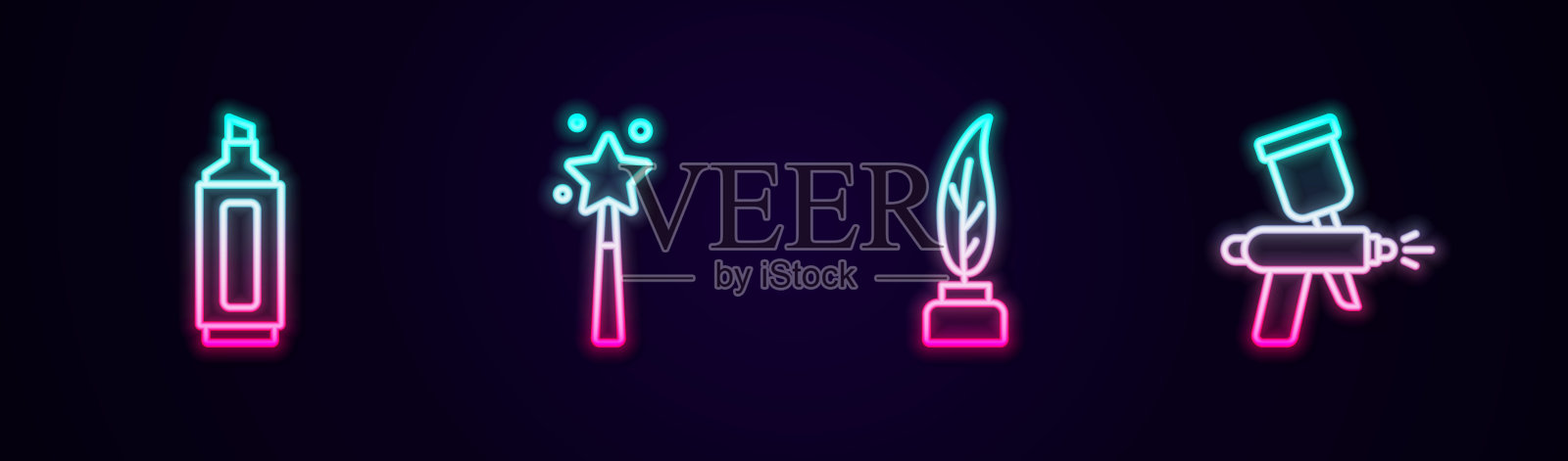设置划线笔、魔术棒、羽毛墨水瓶和喷漆枪。发光的霓虹灯图标。向量插画图片素材