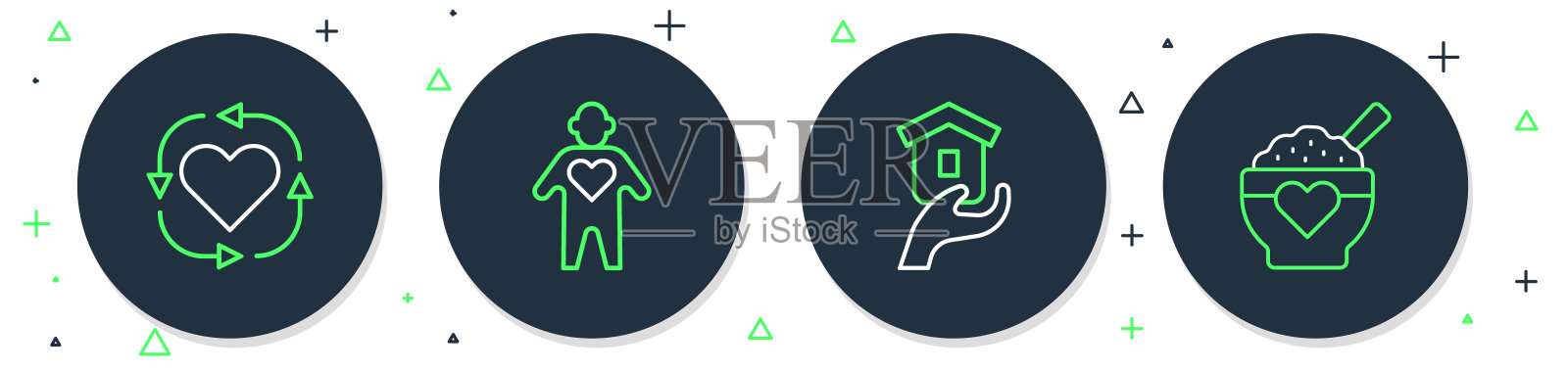 设置线志愿者，无家可归者的庇护所，和捐赠食物图标。向量插画图片素材