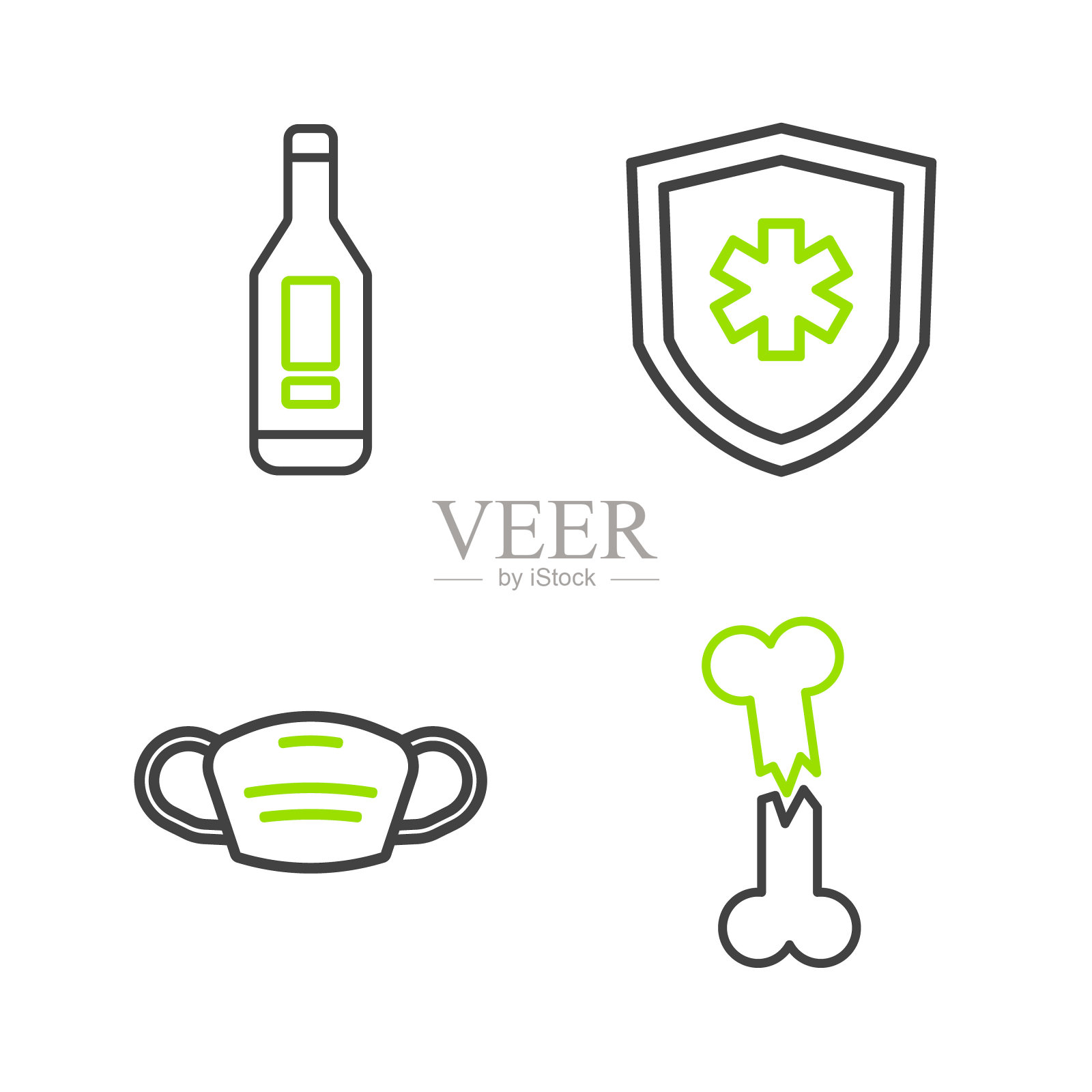 设置线人体骨折，医疗防护口罩，人寿保险和数字温度计图标。向量插画图片素材