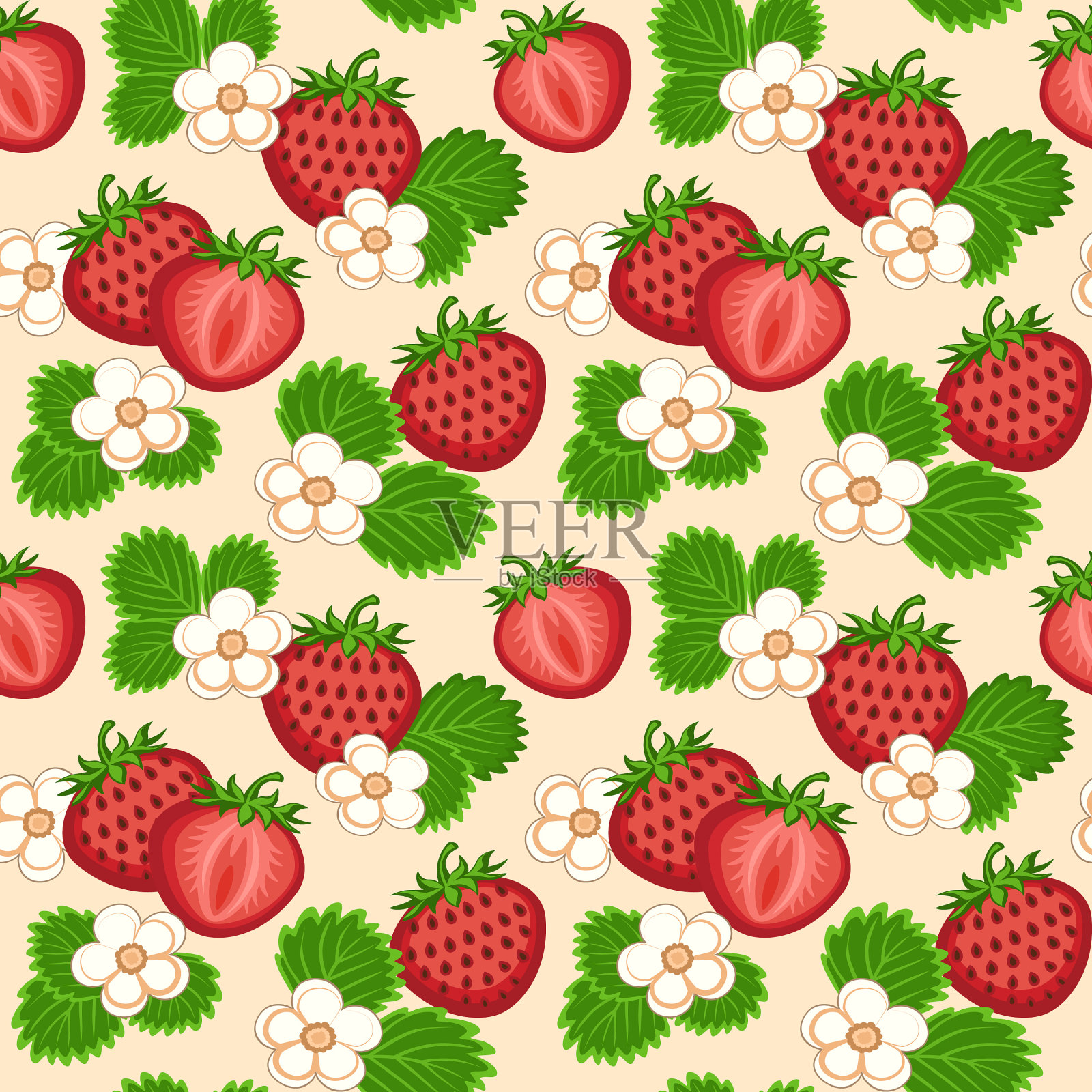 散落的草莓和花朵，无缝矢量图案插画图片素材