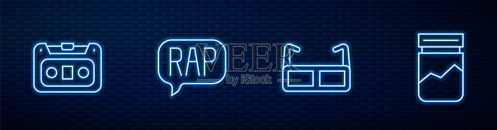 套装线眼镜，复古录音带，说唱音乐和塑料袋毒品。砖墙上发光的霓虹灯图标。向量插画图片素材