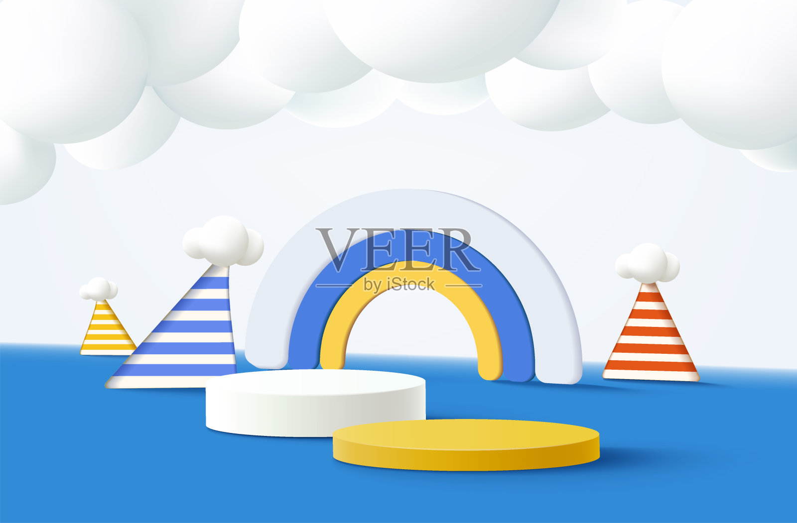 3D圆柱基座，最小的墙壁场景和阴影。圆形讲台为儿童产品展示在3d创意组成。插画图片素材