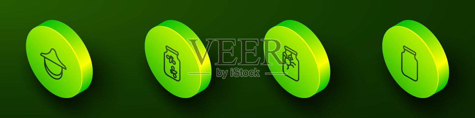 设置等距线养蜂人的帽子，萤火虫在罐子里的虫子，蜘蛛和玻璃图标。向量插画图片素材