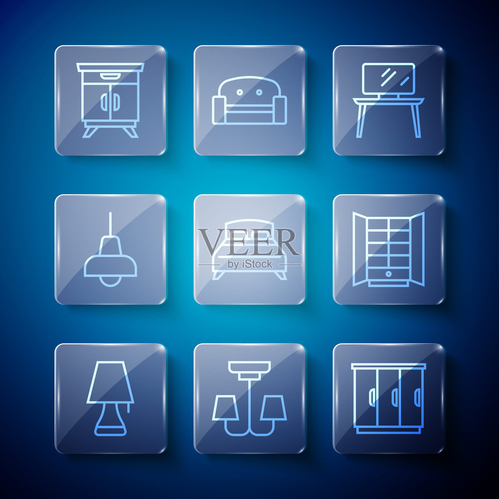 集线台灯，吊灯，衣柜，电视桌架，大床，挂灯，家具床头柜和图标。向量插画图片素材