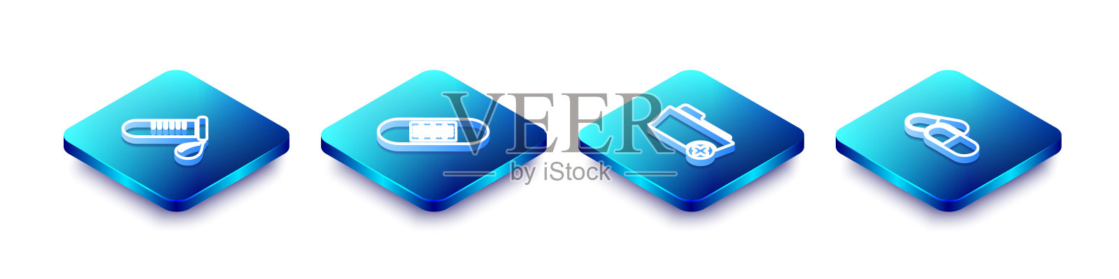 设置等距线试管与滴血，绷带石膏，健康记录文件夹和药物药片图标。向量插画图片素材