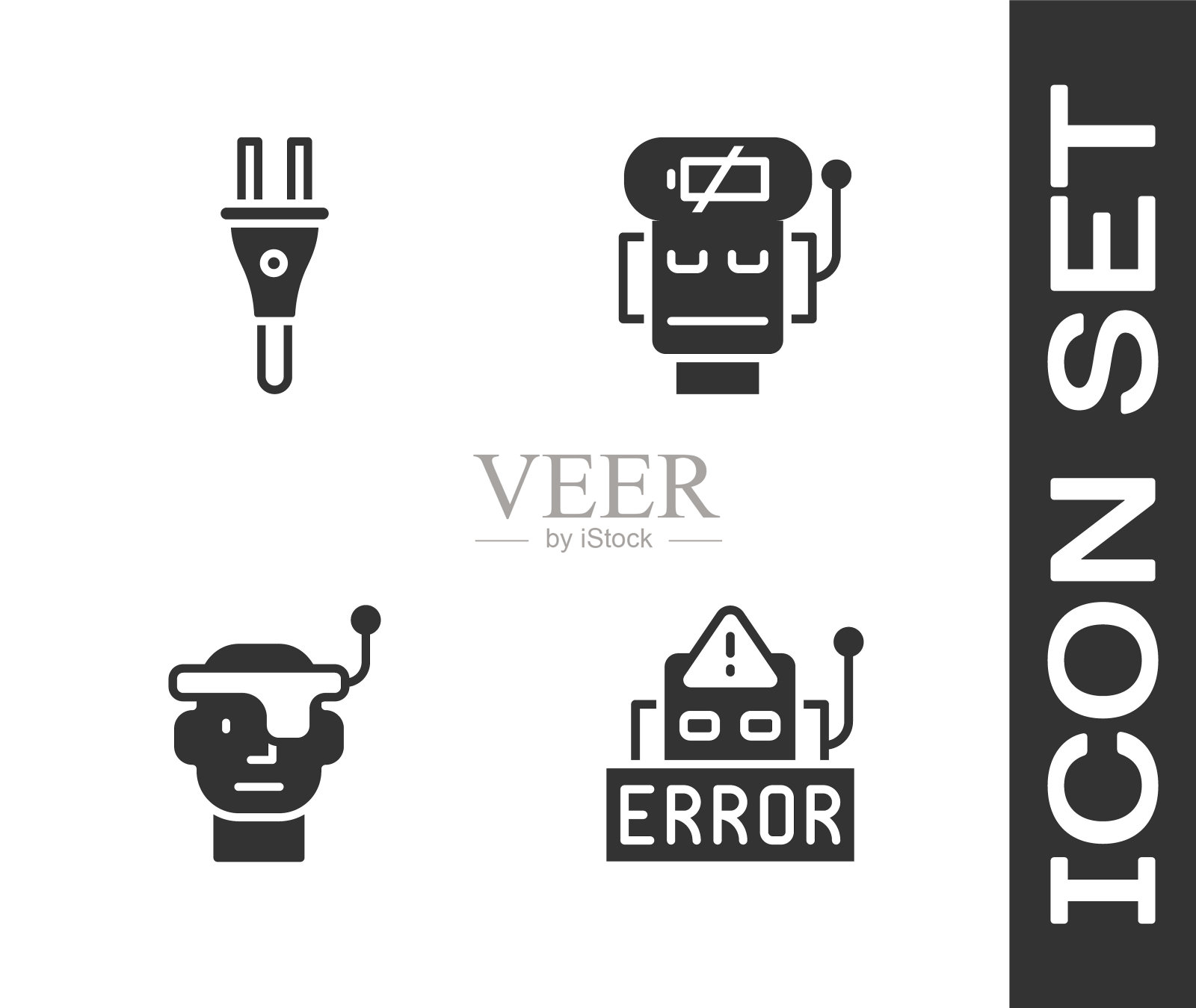 设置机器人错误，电源插头，智能眼镜和机器人低电量图标。向量插画图片素材