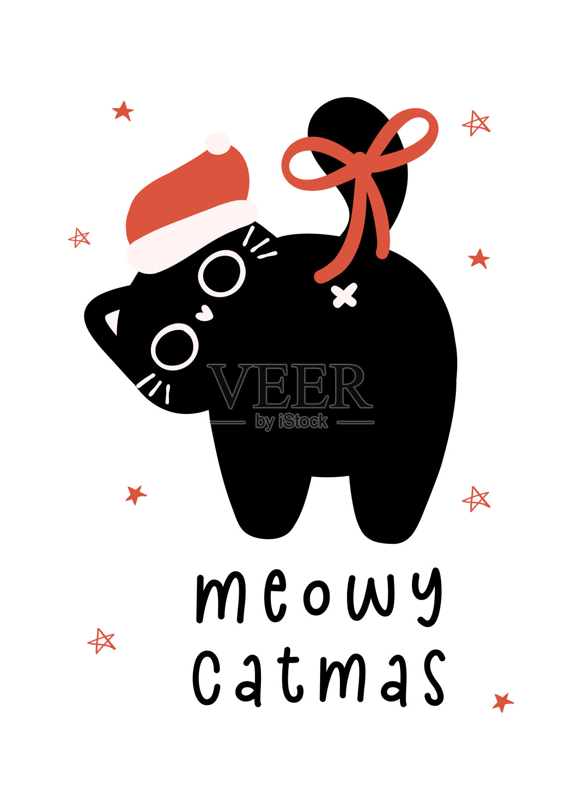 可爱的圣诞黑猫与圣诞老人帽子，幽默的贺卡，有趣和俏皮的卡通插图。插画图片素材