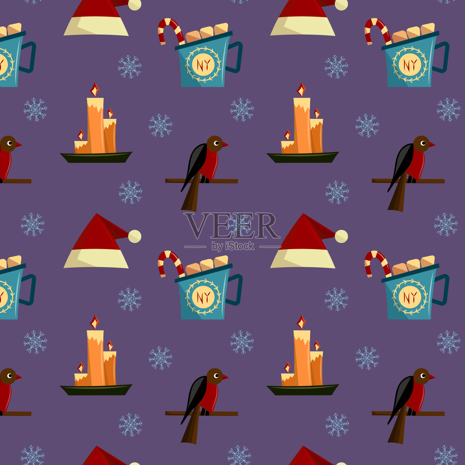 节日无缝图案与圣诞节元素在紫色的背景。新年的包装色彩鲜艳。平面矢量插图。插画图片素材