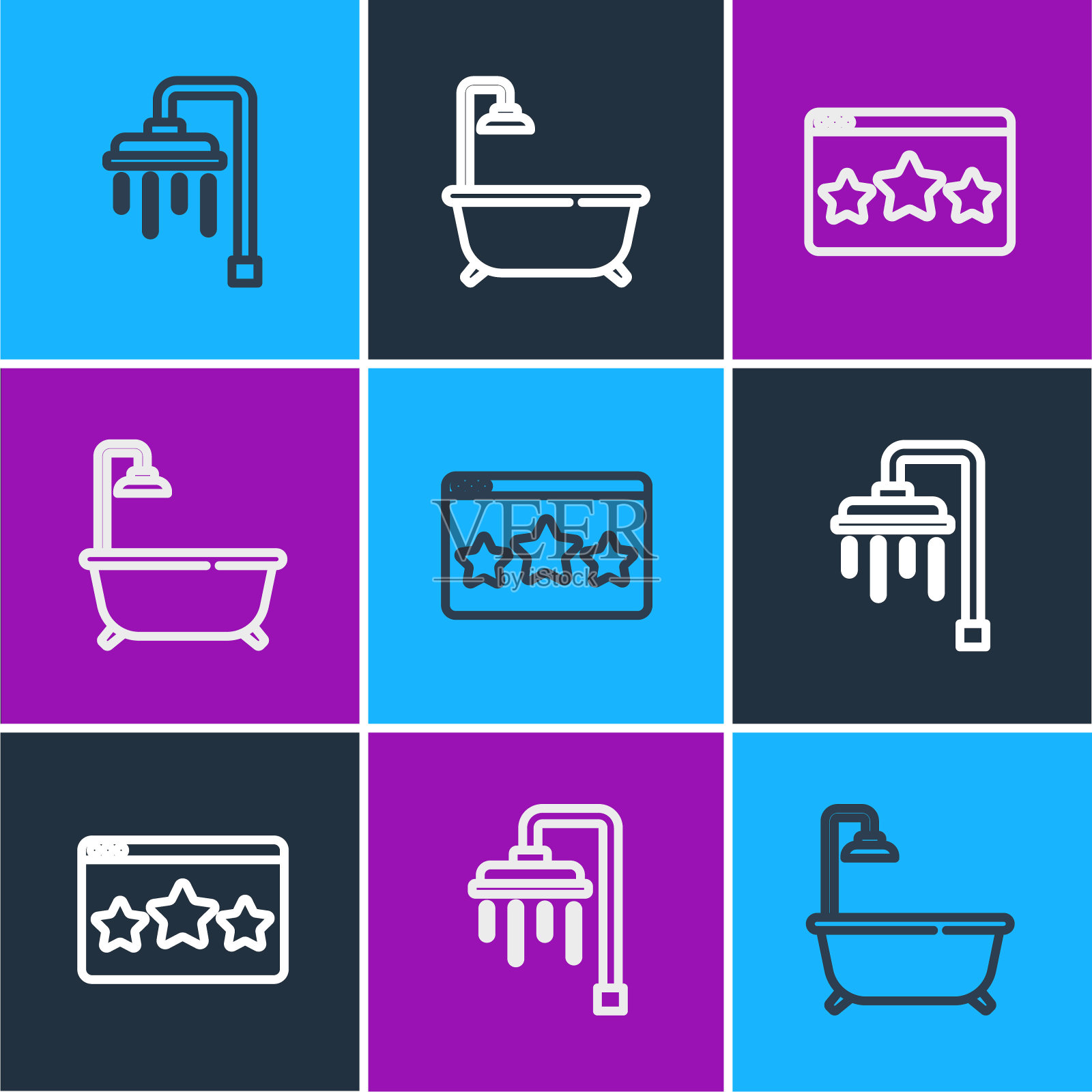 设置线淋浴，五星评级评论和浴缸淋浴图标。向量插画图片素材